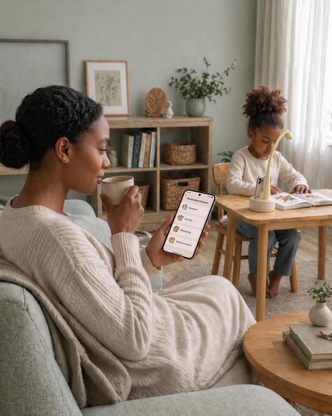 Parent designing personalized learning sessions on phone while child reads