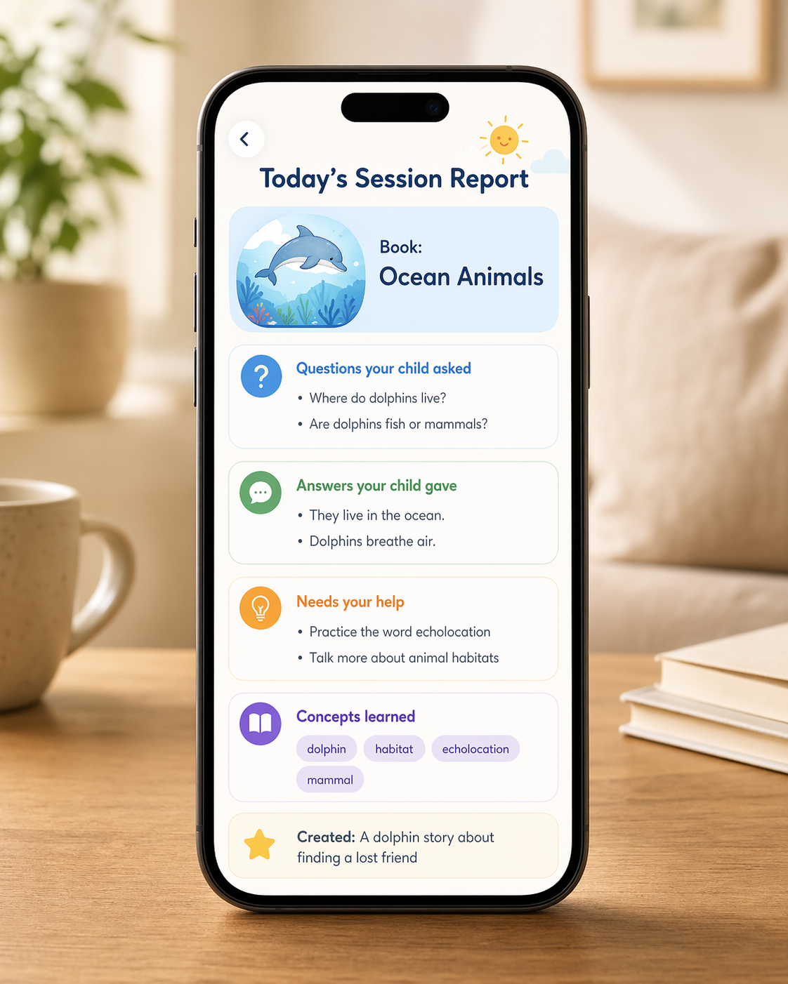 Session report showing child's reading progress and concepts learned