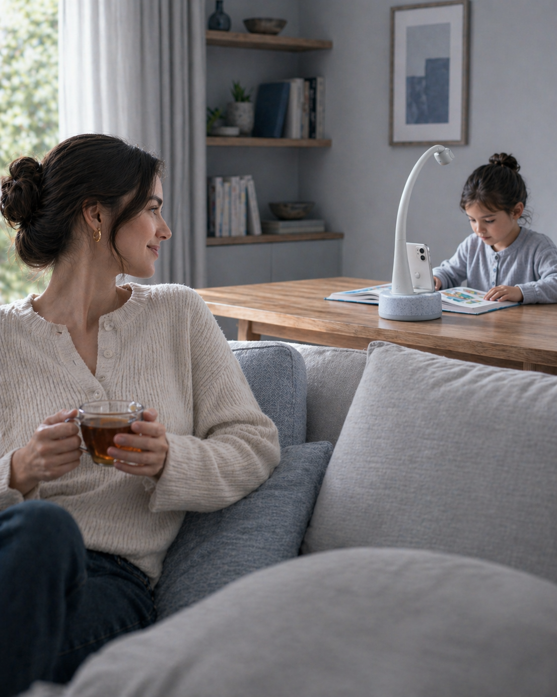 Parent relaxing while child reads with Dodo Reading Companion