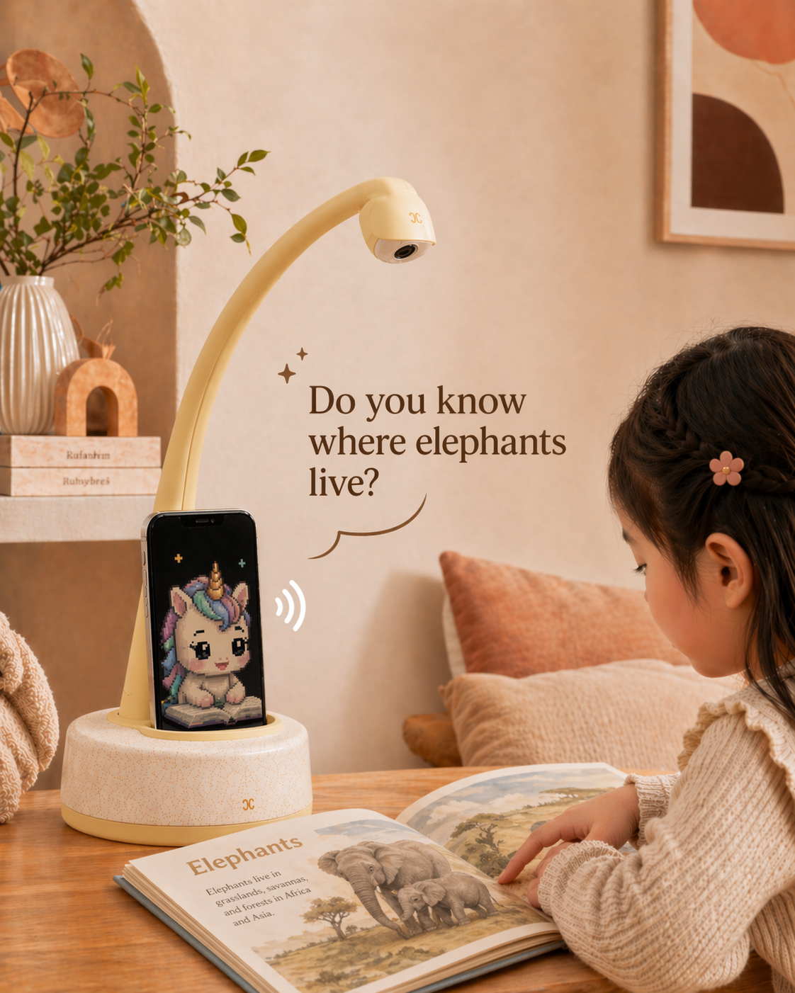 Child interacting with Dodo Reading Companion while reading a book about elephants