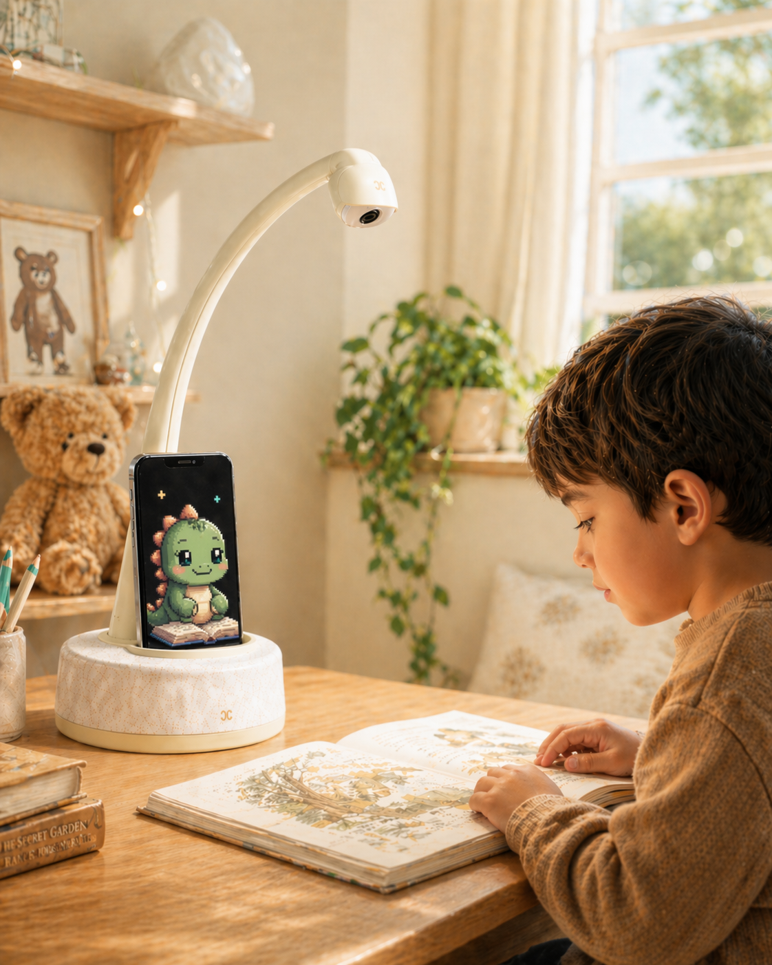 Child reading with Dodo Reading Companion device